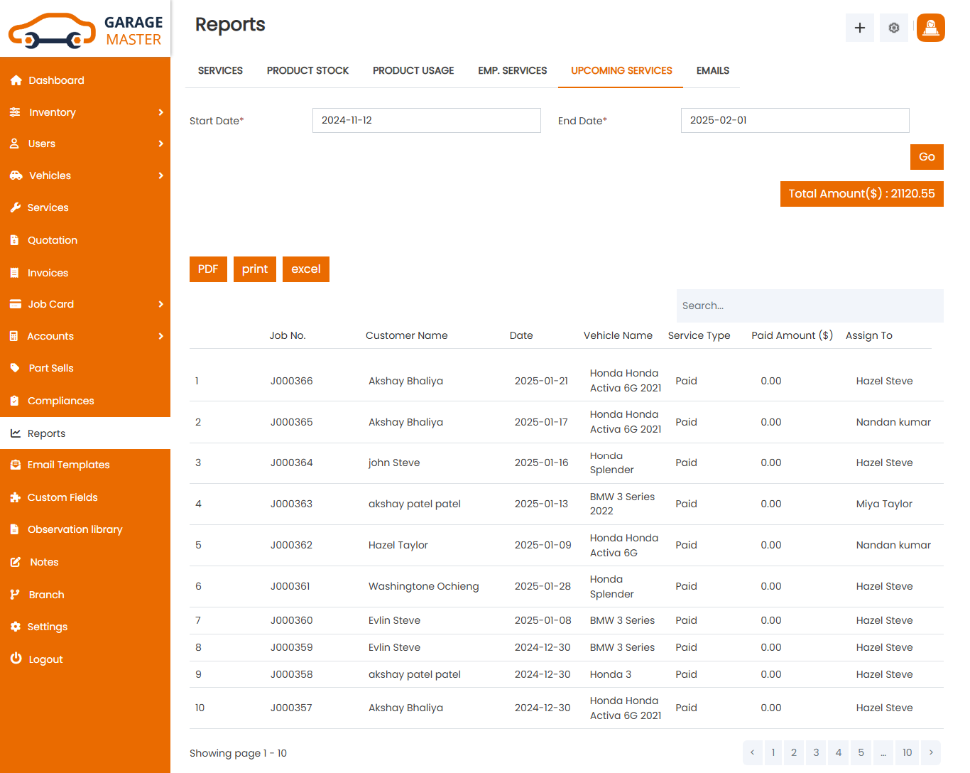 Upcoming Service report