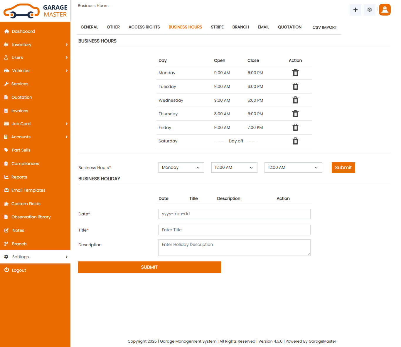 Business Hours Settings