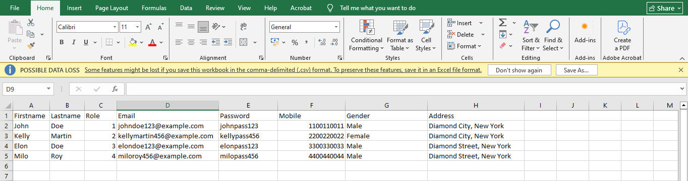 Csv sample file