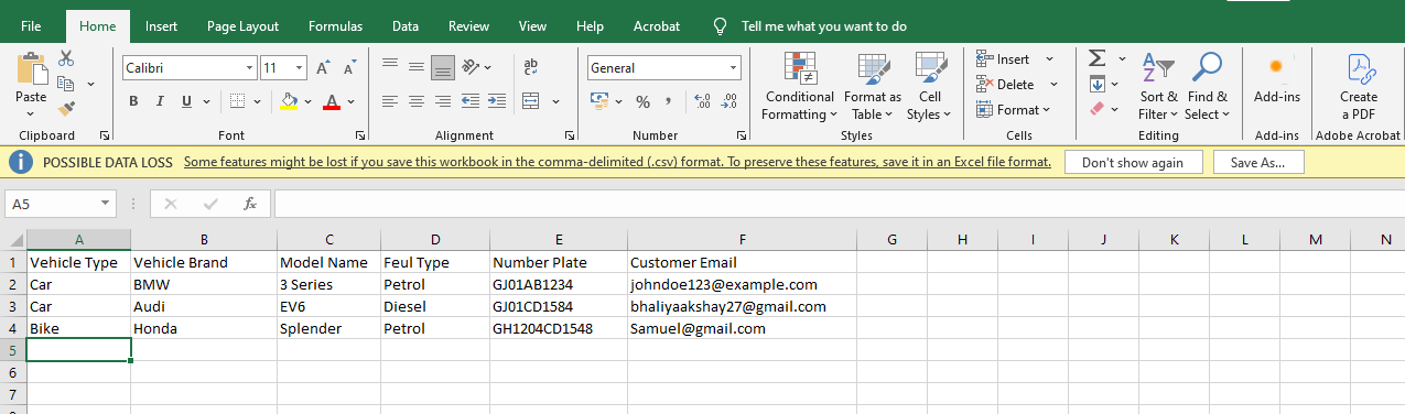 Csv sample file