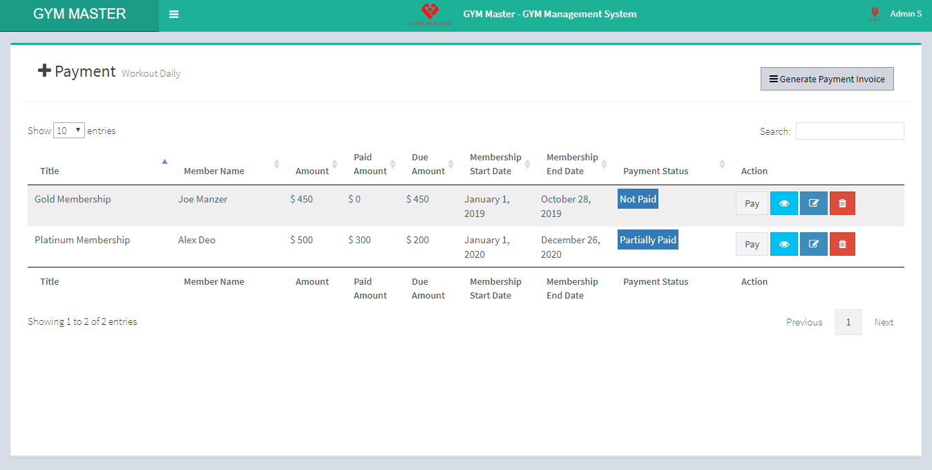 Membership payment list
